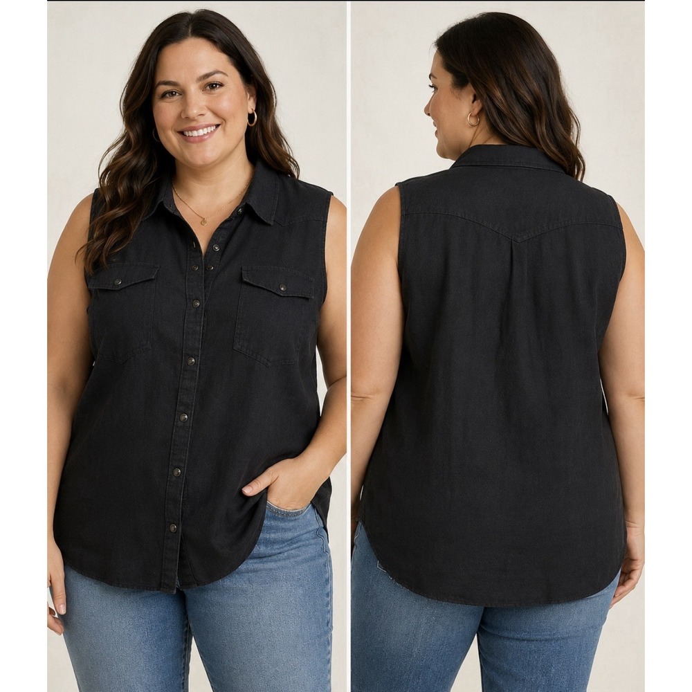 Sundance Willow Linen Top Womens XXL Black Snap Front Western Sleeveless NWT